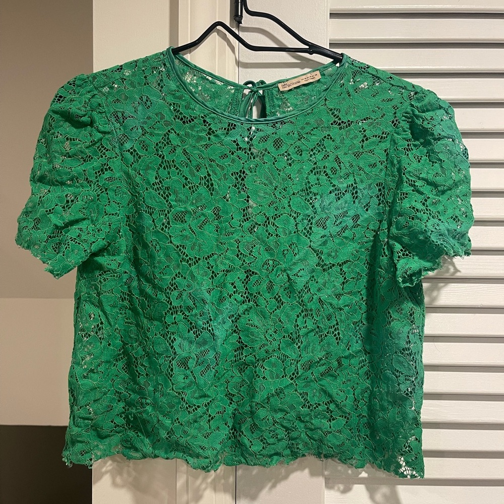 Zara Emerald Green Floral Lace Short-Sleeve Top